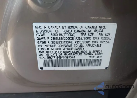 2004 Honda Pilot Ex из США, поврежденный, VIN 2HKYF18494H597544